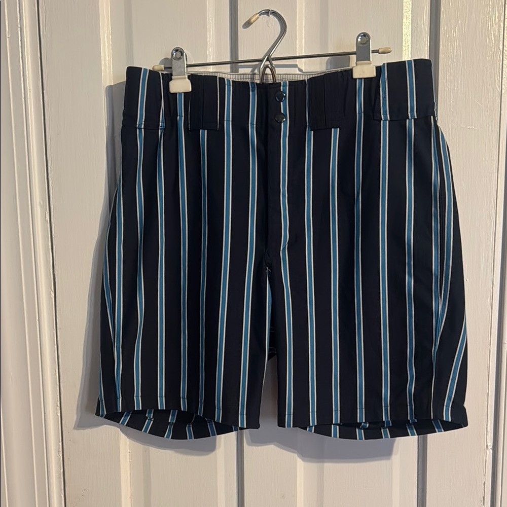 Vintage Navy and Light Blue Flat Front Baseball Shorts with Classic Style